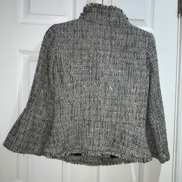 Madison wool blend tweed button front jacket Sz 2P fringe trim bell cuffs - Picture 7 of 8